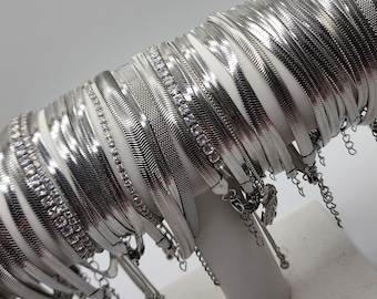 Stainless Steel Bracelet / Herringbone / Silver Bracelet / Cubic Zirconia Bracelet / Mesh Bracelet / Snake Chain Bracelet