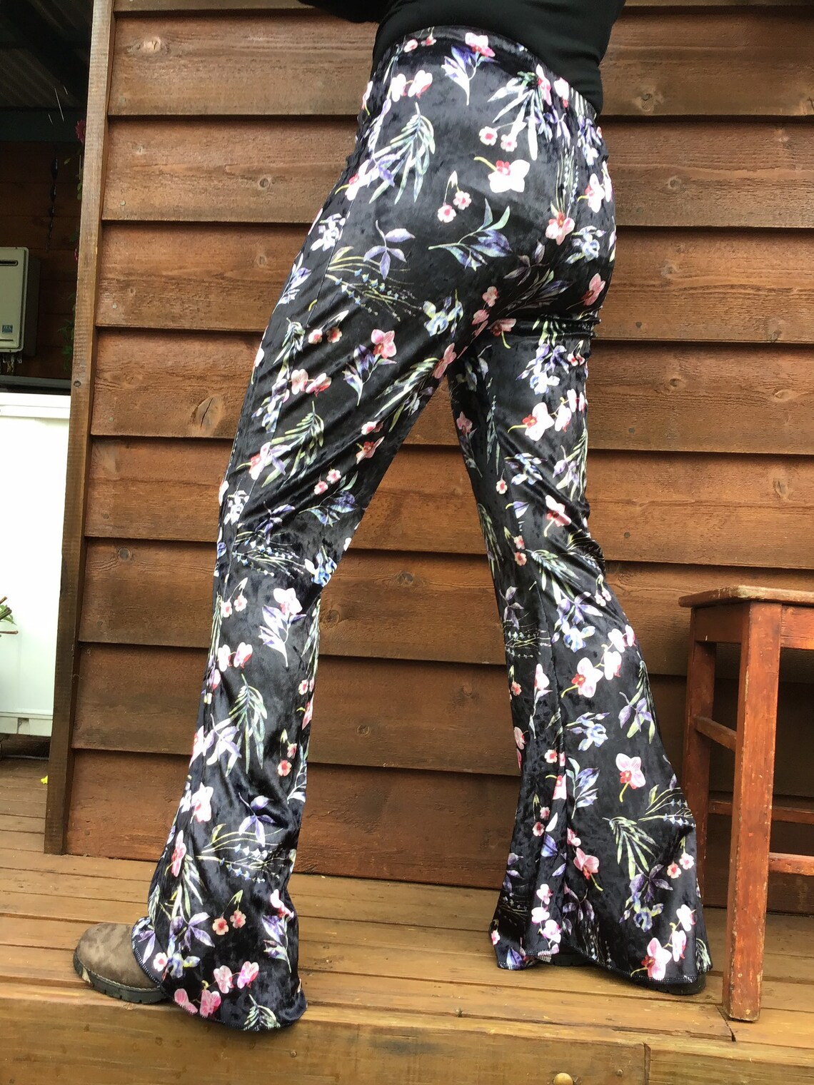 70s style stretch velvet flared pants pink floral on black | Etsy