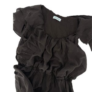 Calvin Klein Brown 100% Silk Ruffle Cap Sleeve Elastic Waist Mini Dress 80's