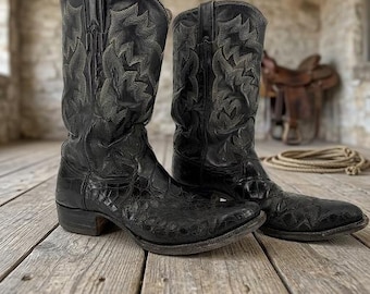 Vintage 80's Rare Exotic Alligator Western 10 M Cowboy Boots Black Cats Paw Heel