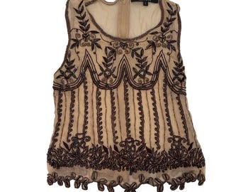 Caroll Vintage 90's French Sheer Beaded Sleeveless Blouse Peach Chiffon Boho Top
