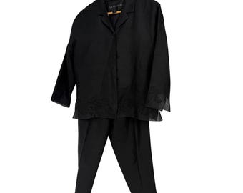 Vintage Silkland Black 100% Silk 2 Piece Pant Suit Set Embroidered Cocktail