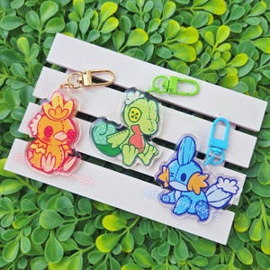 May include: Three clear acrylic keychains with cartoon character designs. One is yellow and orange, another is green and red, and the third is blue and orange. Each keychain has a different coloured clasp.