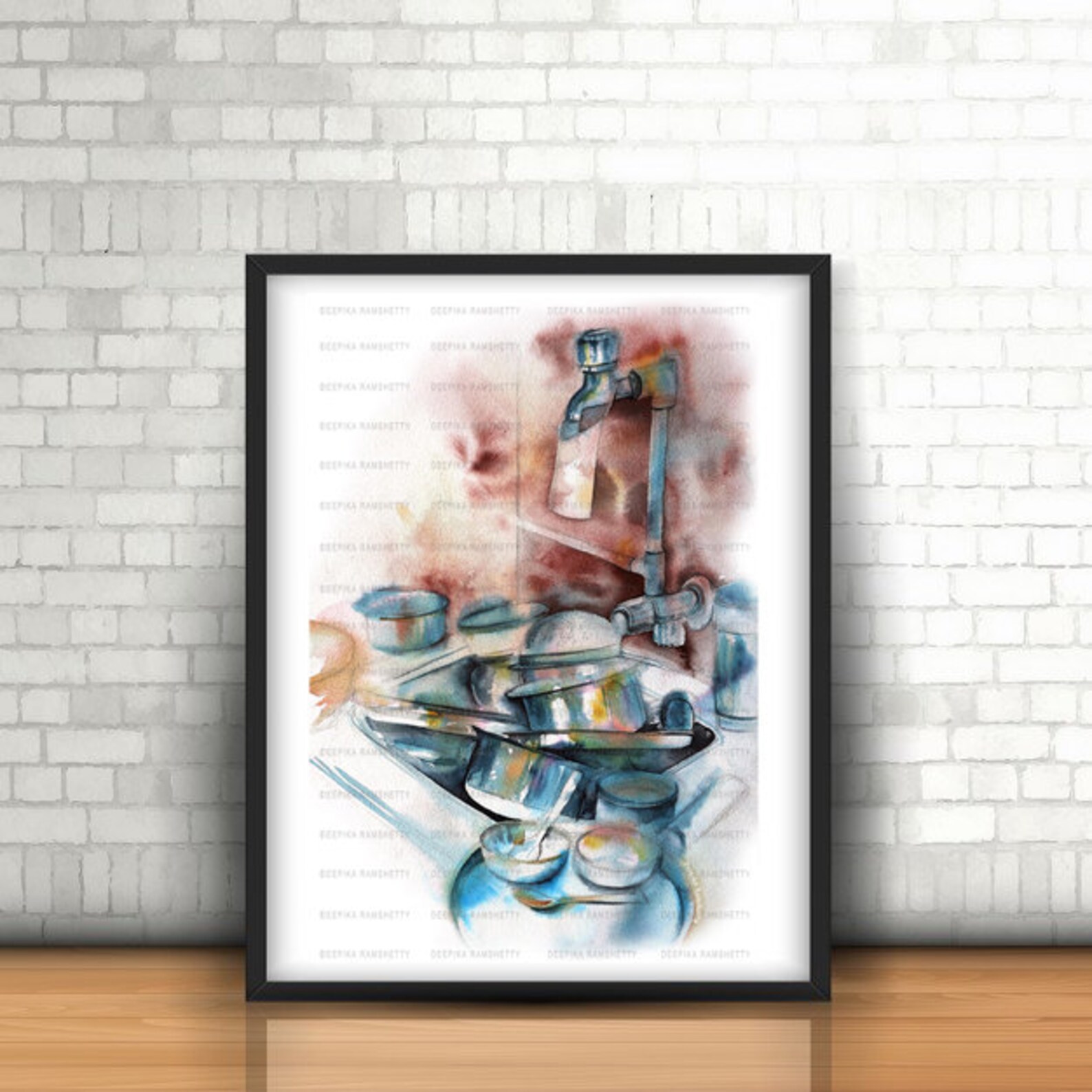 Fregadero de la cocina lleno de platos acuarela cocina | Etsy