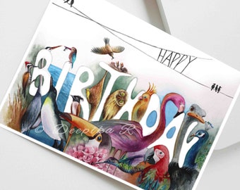 Happy Birthday Card for her/him, Watercolor Birthday Card, Cute Bird Birthday Card, Nature Birthday Card