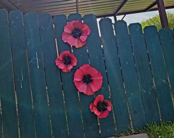 Pink Poppy Flower, Fence Flower, Garden Art, Metal Garden Decor, Metal Poppy, Pink Poppy Wall Art, Wall Decor, Set of 4