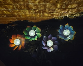 Handcrafted Metal Flower Solar Light - Stunning Garden Art - Custom Painted Yard Decor - Set of 4