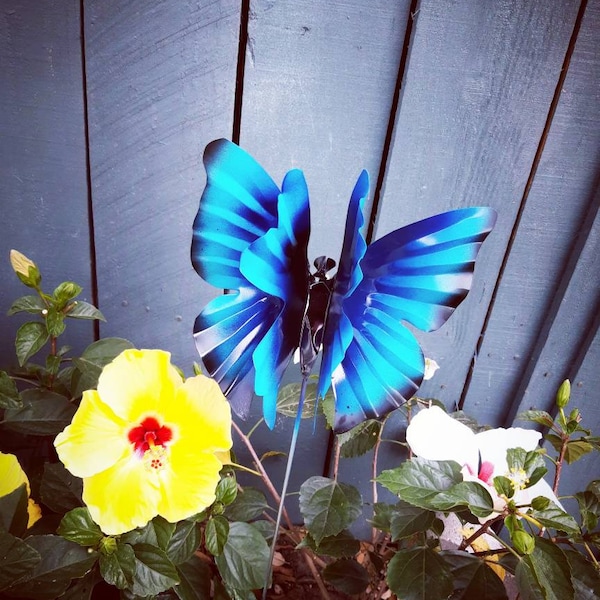 Metal butterfly garden stake, Blue Morpho Butterfly Garden Stake,  Garden Decor,  Metal Garden Art