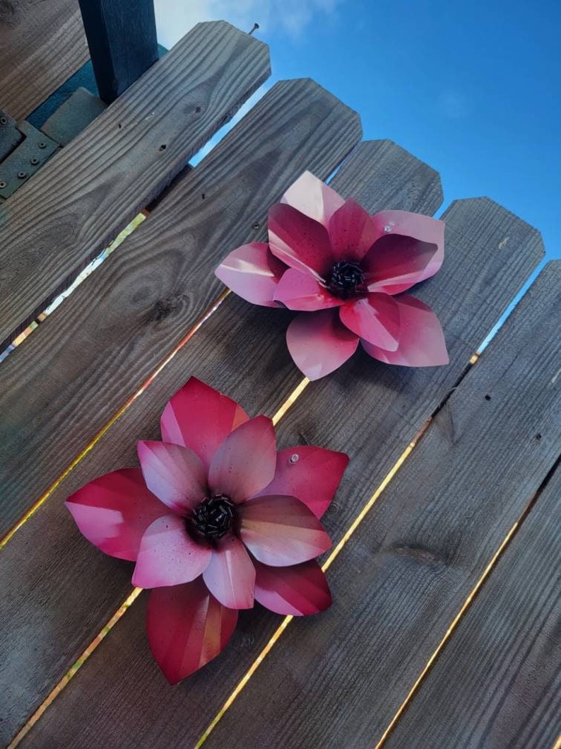 Puede incluir: Dos grandes flores de metal rosa est&aacute;n fijadas a una valla de madera. Las flores tienen una superficie ligeramente texturizada y est&aacute;n enfocadas. La valla est&aacute; hecha de tablones de madera verticales.
