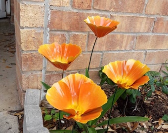 California Poppy Metal Garden Stake: Hand-Painted Flower Yard Art