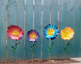 Handmade Metal Peony Garden Stake: Painted Yard Art