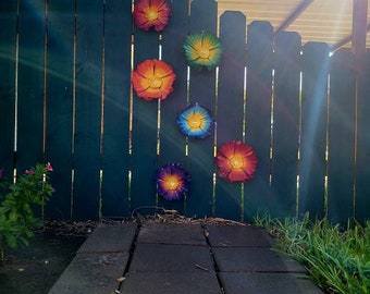 Colorful Metal Peony Flowers: Garden Fence Art