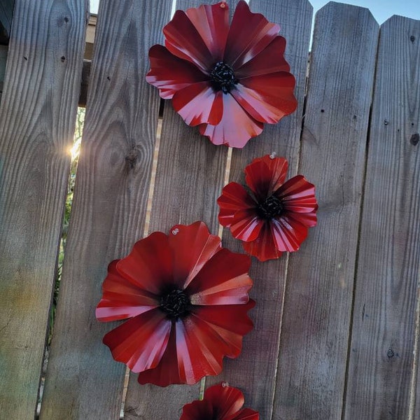 Red Poppy Flower, Fence Flower, Garden Art, Metal Garden Decor, Metal Flower Garden Art, Deck Decor, Poppy Wall Art