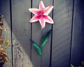 Handmade Metal Stargazer Lily Garden Stake - Whimsical Yard Art
