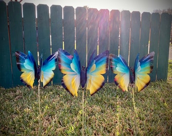 Metal butterfly garden stake, Blue and Yellow Butterfly Garden Stake,  Garden Decor,  Metal Garden Art