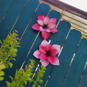 Puede incluir: Dos grandes flores de papel rosa con centros negros est&aacute;n unidas a una valla de madera verde azulada. Las flores se superponen ligeramente.