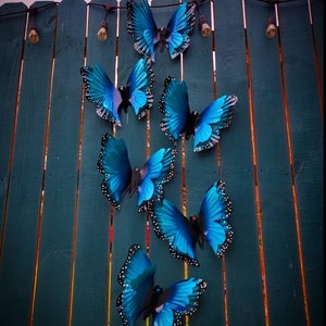 May include: A set of seven blue butterfly wall decorations with black accents and white spots. The butterflies are arranged in a cascading pattern on a teal wooden fence.