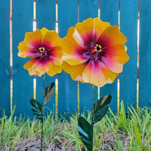 Set of 2 Hibiscus Flower Garden Stakes, Metal Garden Stakes Yard decoration, Metal Flower, Metal Art, Garden Decor, Metal Hibiscus, Set of 2