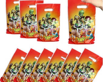 May include: Ten red plastic party favor bags with a Toy Story theme. The bags feature characters from the movie, including Woody, Buzz Lightyear, and Mr. Potato Head. The bags have a white handle and a cut-out design.