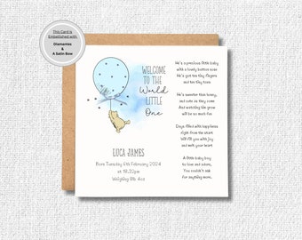 Winnie The Pooh Blue New Baby Boy Card, Welcome to the World, For Parents, From Grandparents, Birth, New Arrival, Personalised, Embellished