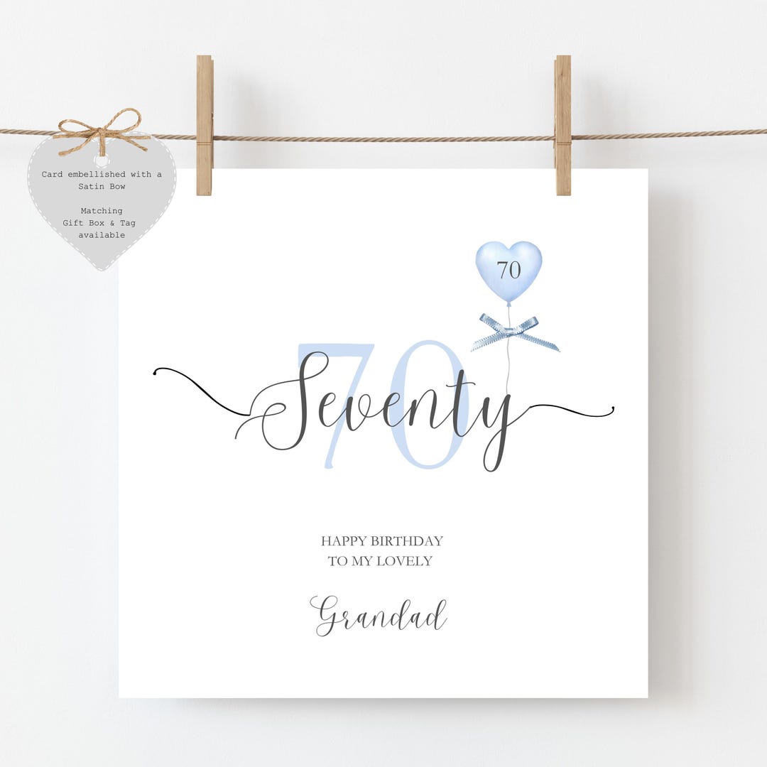 Personalised 70th Birthday Card: Blue Watercolor Balloon, Gift Box ...