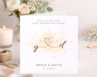 Personalised 30th Pearl Initials Anniversary Card, Pearl Embellished, Gift Box Option