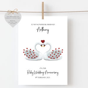Handmade Ruby 40th Anniversary Card: Personalised, Swans & Glitter Heart