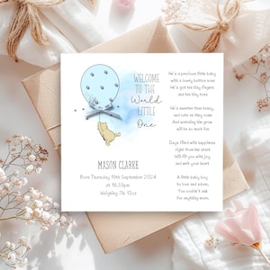 Personalised Blue Winnie the Pooh New Baby Boy Poem Card, Gift Box Option, Embellished