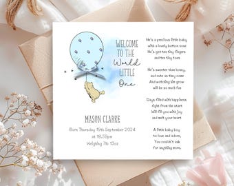 Personalised Blue Winnie the Pooh New Baby Boy Poem Card, Gift Box Option, Embellished