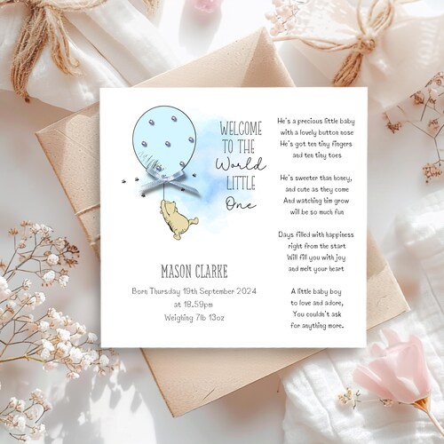 Personalised Blue Winnie the Pooh New Baby Boy Poem Card, Gift Box Option, Embellished