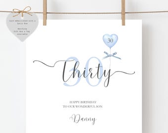 Personalised 30th Birthday Card: Blue Watercolor Balloon, Satin Bow