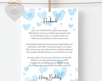 Personalised Husband Birthday Card: A5 Poem, Blue Hearts, Gift Box Option