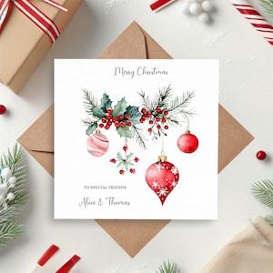 Personalised Sparkly Christmas Card, Festive Baubles Garland, Custom Relation or Name, Gift Box Option