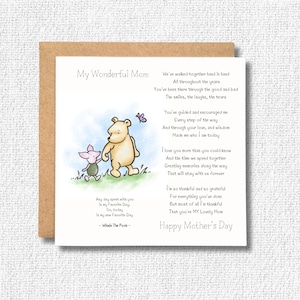 Winnie The Pooh Mother's Day Card, for Mom, Beautiful Special Words, with Poem, Lovely Mom, Special Mom, Best Mom, Best Friend Mom