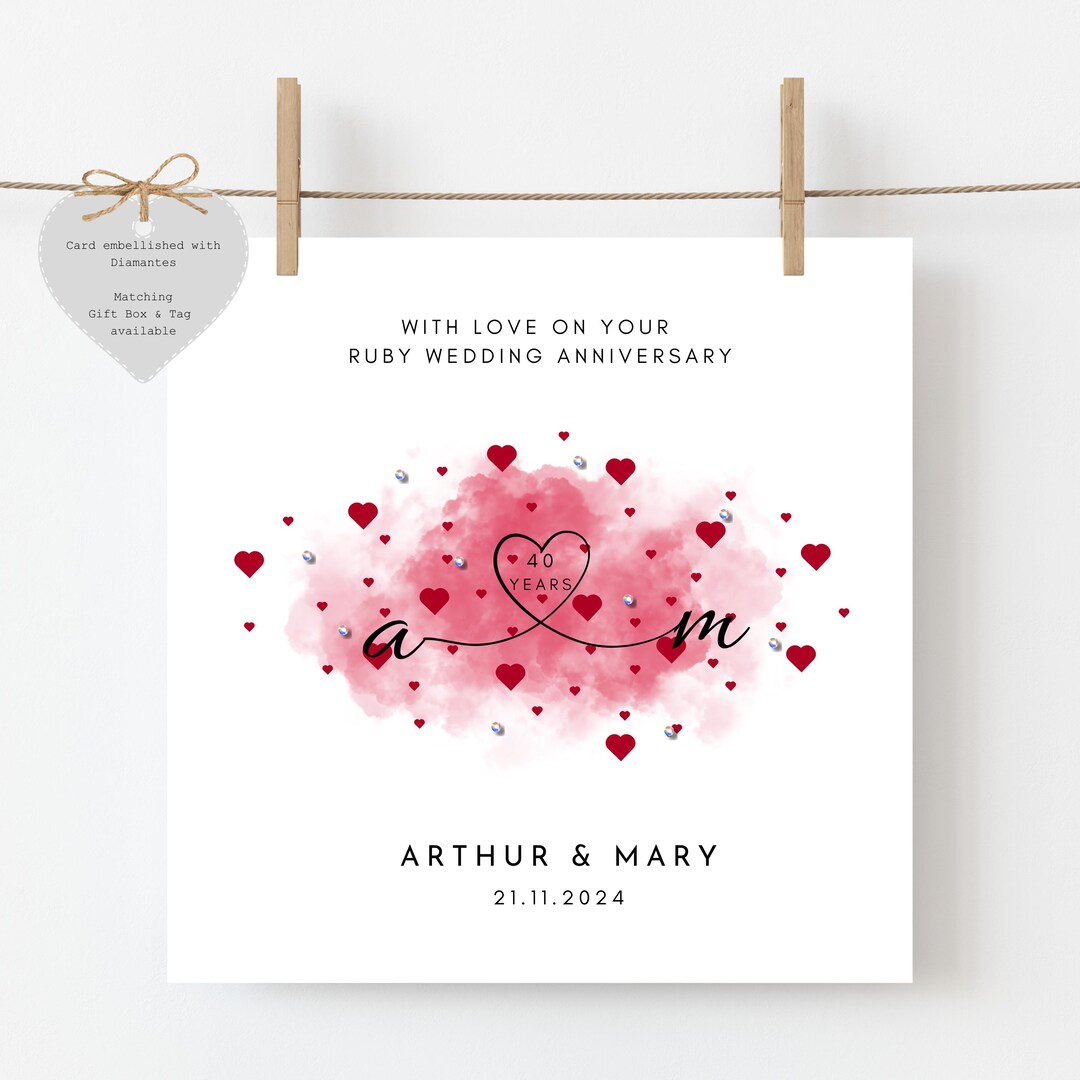 Personalised Ruby 40th Anniversary Card: Initials & Diamantes - Etsy UK