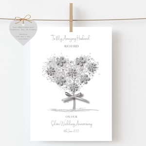 Handmade Silver Wedding Anniversary Card: Glitter Heart Tree