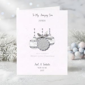 Personalised Silver Glitter Baubles Christmas Card, Gift Box Option, Sparkly, Custom Relation or Names
