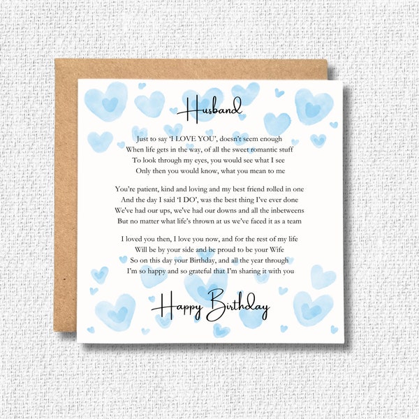 Husband Birthday Card, Beautiful Sentiments, Lovely, Thoughtful Words, Personalised, Blue Hearts