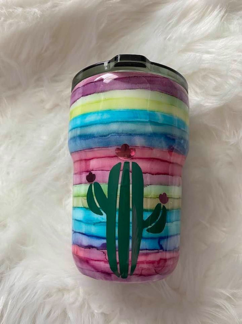 Hand painted alcohol ink serape cactus cup 12oz coffee wine