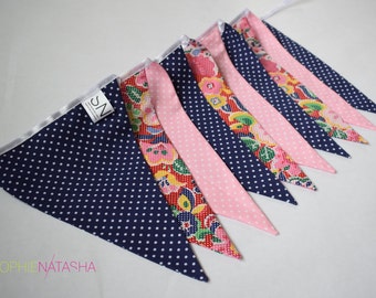 Navy and Pink Pop Art/Polka Dot Handmade Fabric Bunting - 10 Flags, 2 M - Navy and Pink Polka Dot and Floral Pop Art Fabric