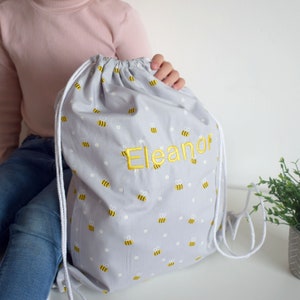 Girls Personalised Grey Bumble Bee Cotton Drawstring Bag