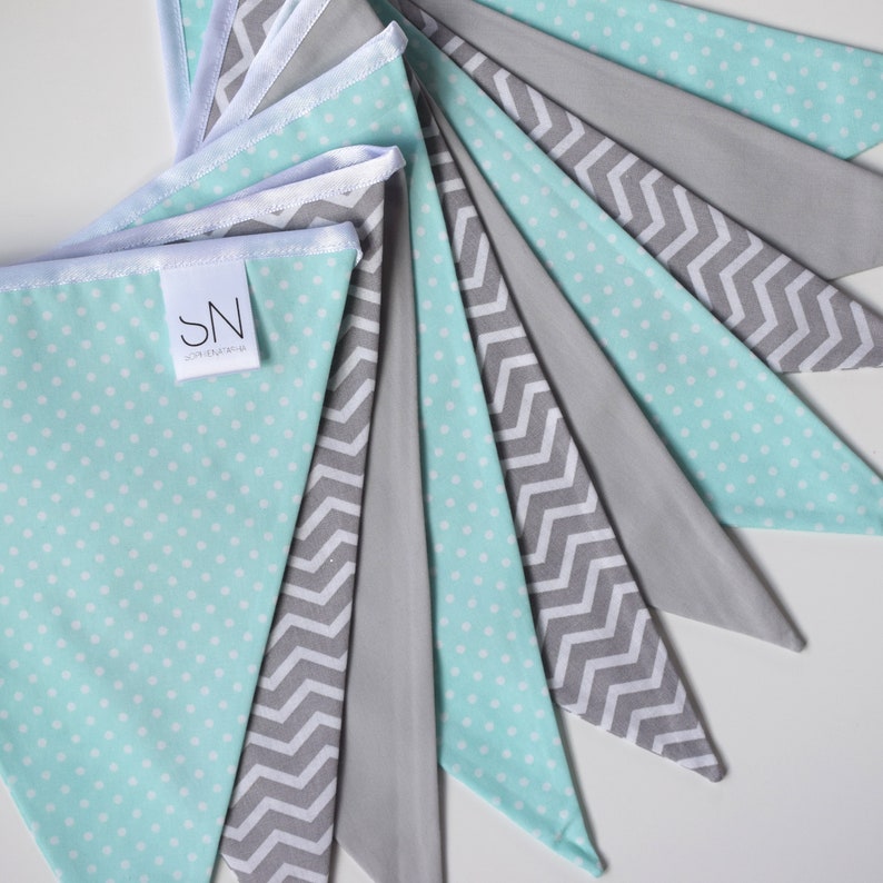 Sold by the metre Nursery Bunting Mint Green Chevron and Grey Cloud Bunting 