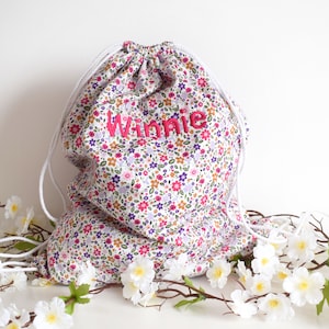 Personalised Girls Pink and Purple Floral Drawstring Bag | Floral Girls Sports Bag | Nursery Bag | Girls Floral Drawstring Bag | Cotton Bag