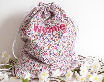 Personalised Girls Pink and Purple Floral Drawstring Bag | Floral Girls Sports Bag | Nursery Bag | Girls Floral Drawstring Bag | Cotton Bag