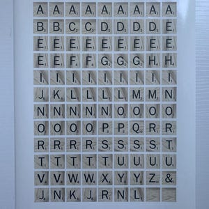 Può includere: Un foglio bianco con una griglia di tessere quadrate con motivo a venature di legno chiaro. Ogni tessera mostra una lettera maiuscola nera e un piccolo valore numerico nell'angolo in basso a destra, imitando lo stile delle lettere da gioco.