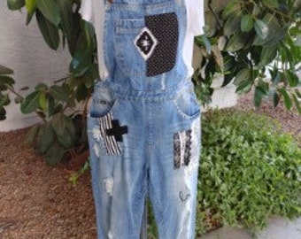 Overalls with black and white patchwork M