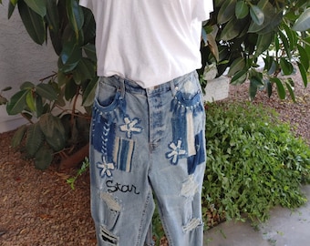 Denim jeans with indigo batik patches 12