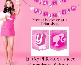 Pink Glitter Doll Birthday Banner, Printable Party Decor (PDF)