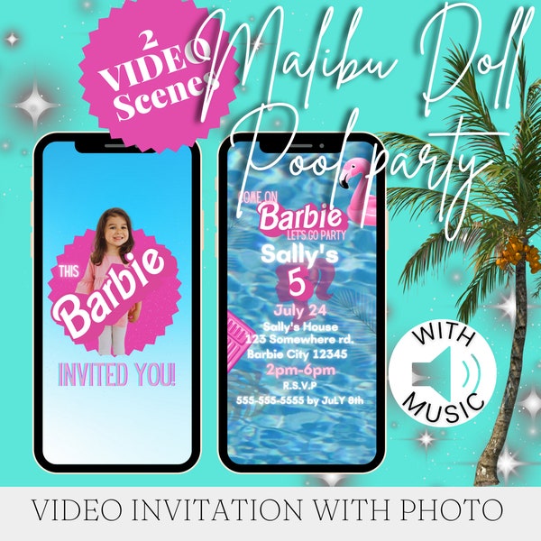 Malibu Birthday Pool Party Video Invitation for girls birthday party or bachelorette party, Pool Party Mobile Video Invite, Phone Invite
