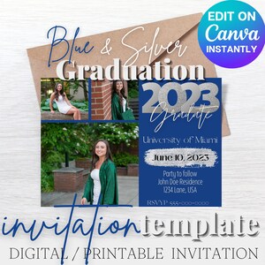 Graduation Invitation Template in Blue and Silver/ Grad Invite Template/ Shareable invitation template